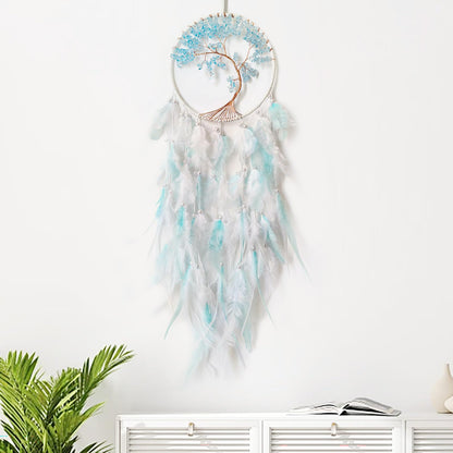 SOYUZU White and Cyan Dream Catcher Wall Decor Crystal Tree of Life Dream Catchers Handmade Feather Dreamcatcher Wall Hanging Ornament for Bedroom Living Room Home Decor