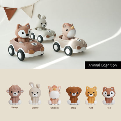 Nueplay Toy Cars for Toddlers 1-3, 6-Pack Friction Powered Push and Go Vehicle Set with Animal Finger Puppets for Boys Girls