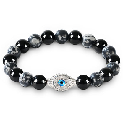 Men's Evil Eye Bracelet, 10mm Beaded Bracelet with Natural Gemstones, Adjustable Elastic Design, Gift for Anniversary, Christmas and Thanksgiving, Silver Obsidian/Tiger Eye/Hematite/Snowflake Obsidian/Black Agate