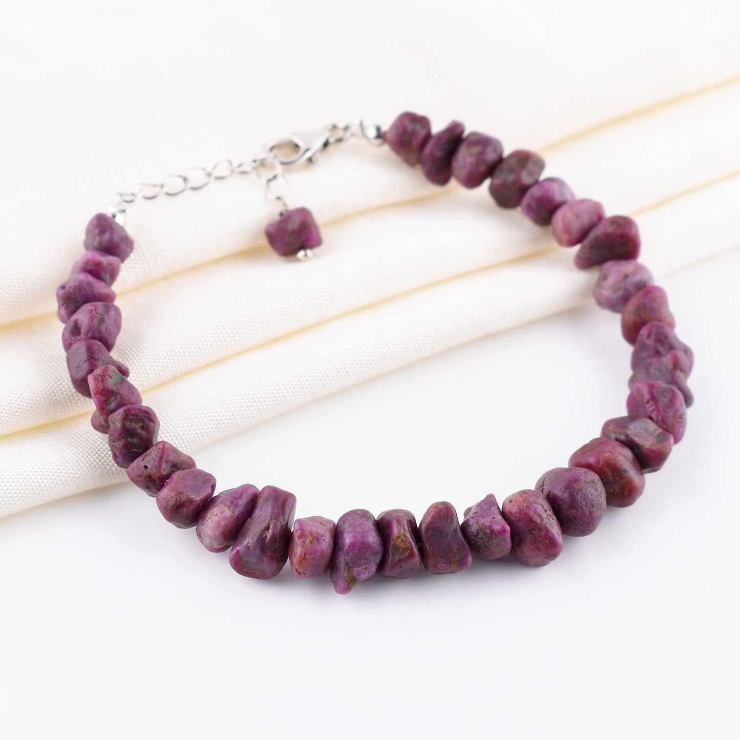 InfinityGemsArt Raw Ruby Bracelets For Women, July Birthstone Jewelry, Natural Gemstones Rough Dainty Bracelet Energy Crystals Rhodium Plated 925 Sterling Silver Chain 8 inch