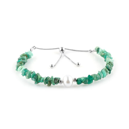 CRYSTALIS Natural Emerald Beads Slider Bolo Bracelet with Elegant Pearl, Uncut Chips Nuggets Crystals, Chakra Healing Gemstone, Women Jewelry, 925 Sterling Silver Slider 10 inch
