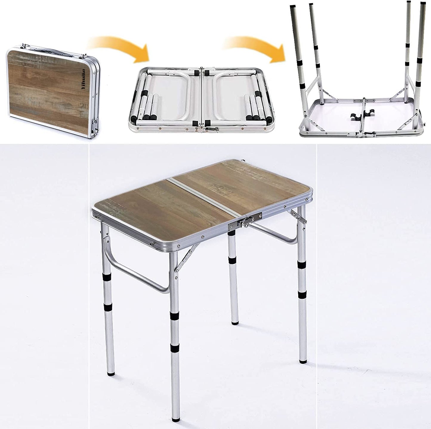 YihuiKo Small Folding Table, 3 Adjustable Heights Picnic Table, Outdoor Folding Table with Storage Mesh Layer, Portable Table for BBQ, Patio, and Indoor