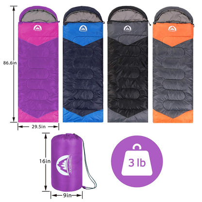 SWTMERRY Sleeping Bag 3 Seasons (Summer, Spring, Fall) Warm & Cool Weather - Lightweight,Waterproof Indoor & Outdoor Use for Kids, Teens & Adults for Camping Hiking, Backpacking and Survival (Purple)