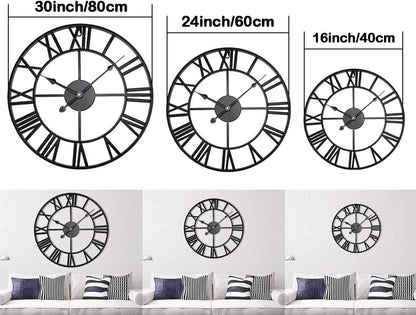 Antique Tower 24 inch Large Roman Numeral Wall Clock, Indoor Outdoor Patio Waterproof Oversized Decorative Contemporary Clock, Antique Black Metal Wall Clock Battery Operated Retro Art Hanging Clock,2