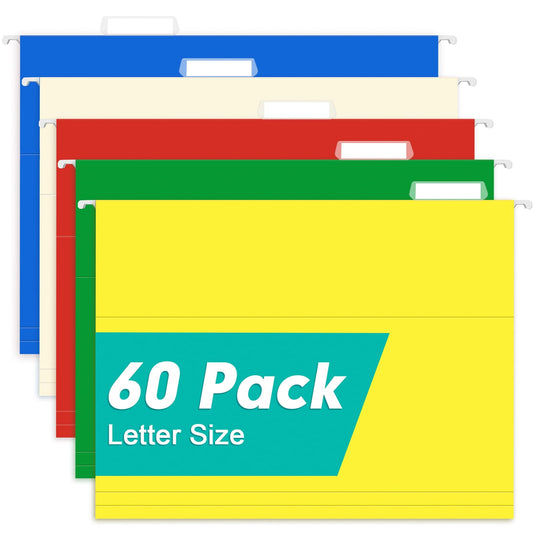 HERKKA Hanging File Folders, 60 Pack Reinforced Letter Size Hanging Folders with Heavy Duty 0 Inch Expansion, Designed for Bulky Files, Medical Charts, Adjustable Tabs, Assorted Colors