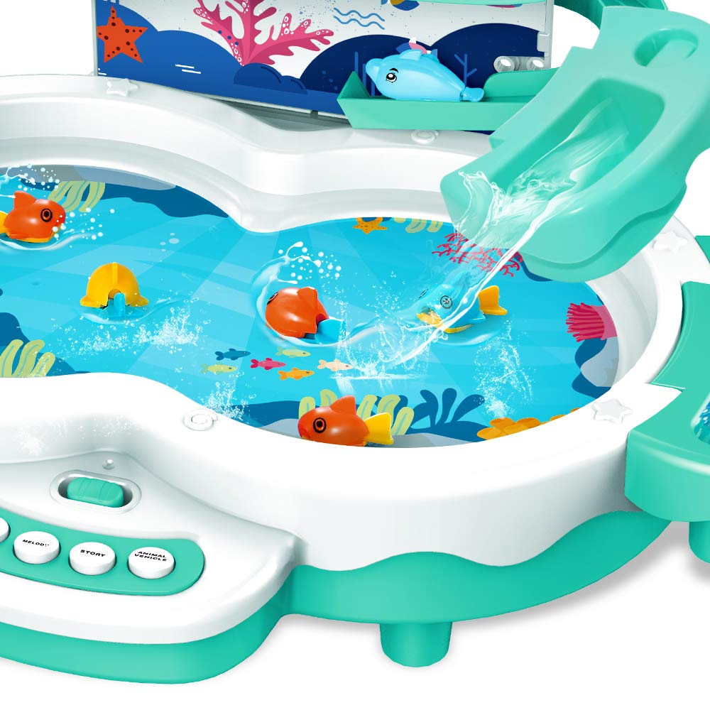 Magnetic Baby Fishing Toy Set, 3 in 1 Fishing Game for Toddlers & Kids with Slideway & Music Story, 10 Fish, 3 Dolphins, 2 Fishing Poles, Learning Educational Sound Effect Toys (Green1)