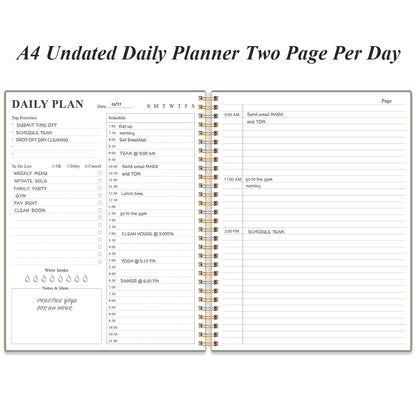 Daily Planner Undated - A4 To Do List Notebook Hourly Schedules, Spiral Appointment Planner for Women and Men,PVC Hardcover, Inner Pocket, Elastic Closure, 8.5" x 11", Green