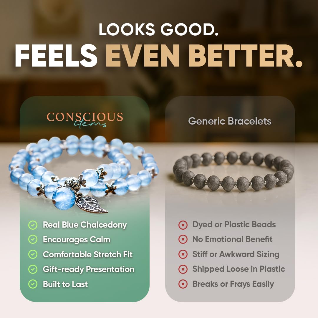 Conscious Items Elegant Calming Crystal Bracelet, Blue Chalcedony Bracelet for Confidence, Inner Peace & Positivity, Crystal Quartz Bracelets for Stress with Silver Leaf Charm for Men & Women