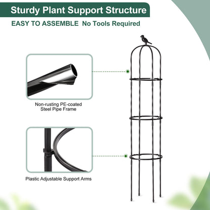 FOLLOOK Garden Trellis Obelisk for Climbing Plants, Lightweight Metal Plant Support for Roses Clematis Vines, Rustproof Decorative Trellis for Outdoor Garden Patio Planter, Black, 2 Pack