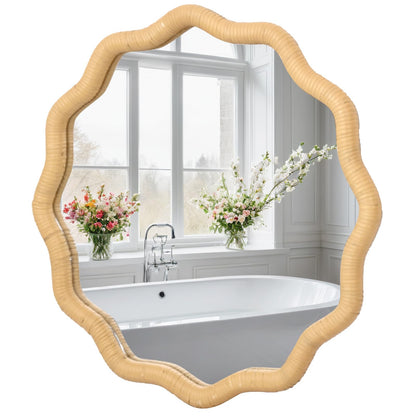 FUIN 20" Round Rattan Wall Mirror, Scalloped Wavy Wicker Frame – Handwoven Natural Boho Decor for Bathroom Vanity, Nursery & Entryway – Distortion-Free Glass