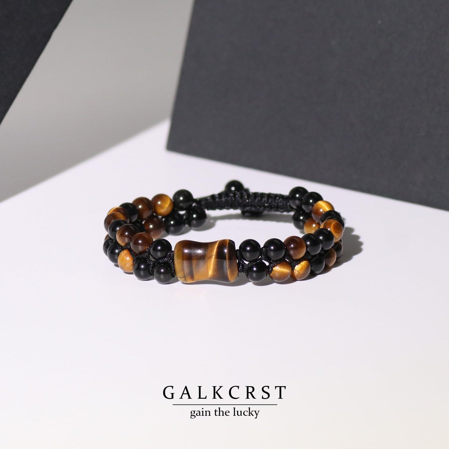 GALKCRST Tiger Eye Black Obsidian Bracelet for Men, Double Layer Natural Stone Beads Bracelet with Bone-Shaped Tiger Eye Focal Bead, Adjustable Braided Cord Triple Healing Crystal Bracelet, Men's Jewelry Gift