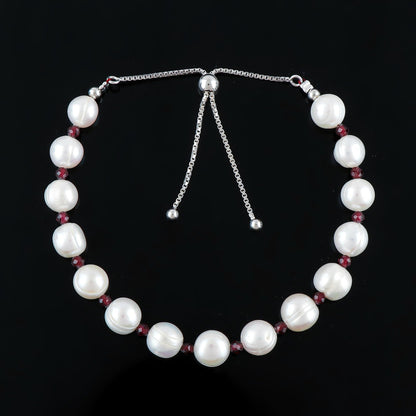 CRYSTALIS Natural Garnet And Freshwater Pearl Beaded Bracelet, Elegant Beads Crystal, Chakra Bracelet, Healing Bracelet, Gemstone Jewelry, Friendship Bracelet, 925 Sterling Silver Slider 10 inch