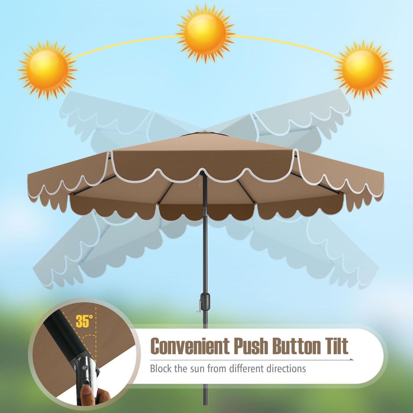 Tangkula 10 FT Patio Umbrella, 2-Tiers Scalloped Outdoor Table Market Umbrella with Tilt Adjustment, Crank, 8 Sturdy Ribs for Pool, Deck, Backyard (Coffee)