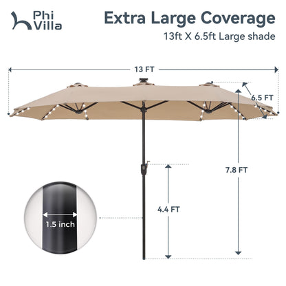 PHI VILLA 13ft Patio Umbrella with Solar-Powered 120 PCS LED Color-Changing Lights, Triple-Head Large Rectangle Umbrella Outdoor Patio for Table with Crank Lift,Beige(No Base)