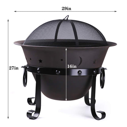 Cast Iron Fire Pits, Outdoor Round Wood Burning Fire Pit Bowl with Mesh Screen,Fireplace Poker,29 inch cast Iron Black