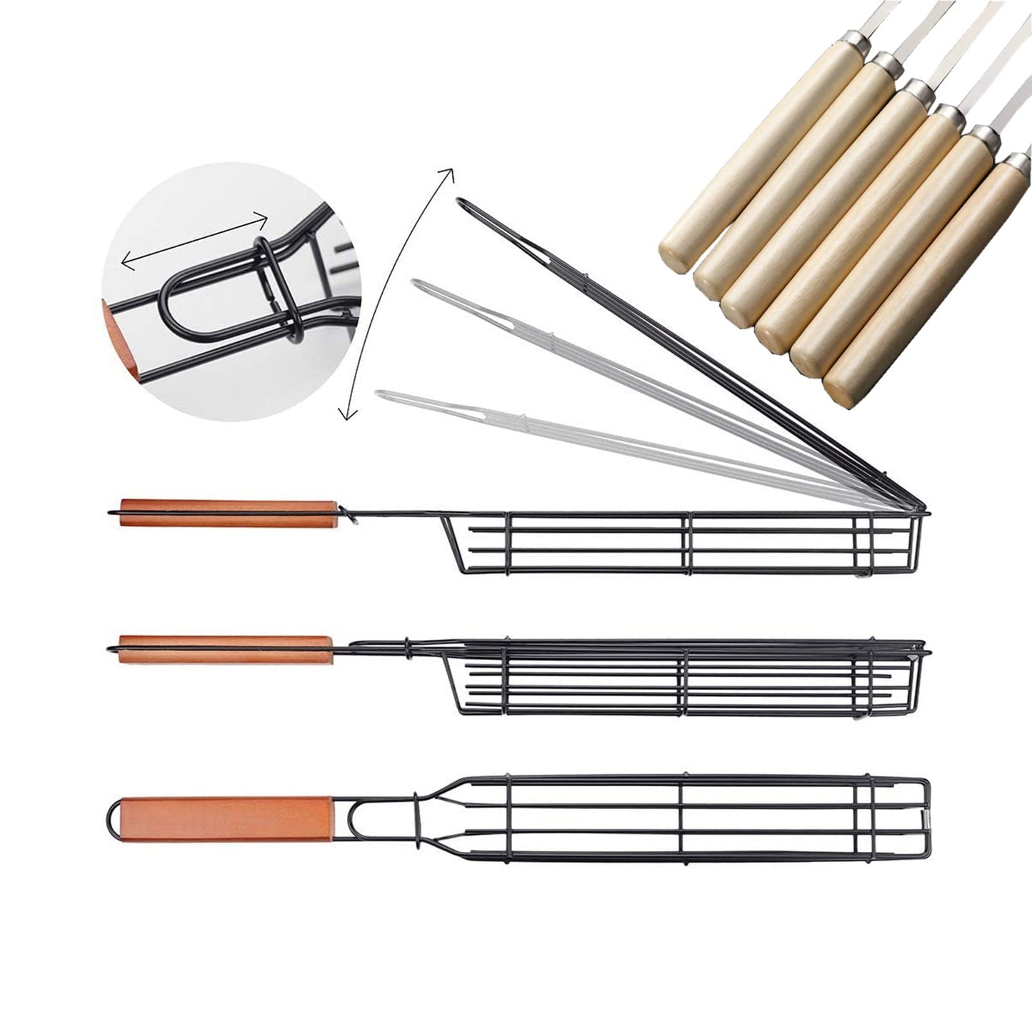 TQ-OUTDOOR Kabob Grilling Set - 6 Non-Stick Grill Baskets & 6 Stainless Steel Skewers - Long Handle, 15.5 Inch, Steel