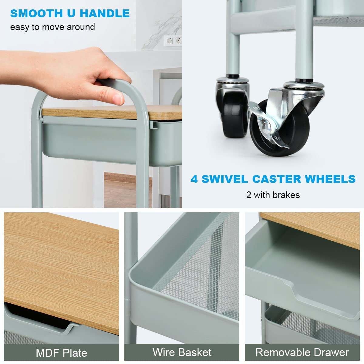 Aratan 3 Tier Rolling Cart, Utility Cart with Drawer and Table Top, Metal Rolling Kitchen Storage Organizer Cart with Handle and Locking Wheels for Bathroom Office Balcony Living Room