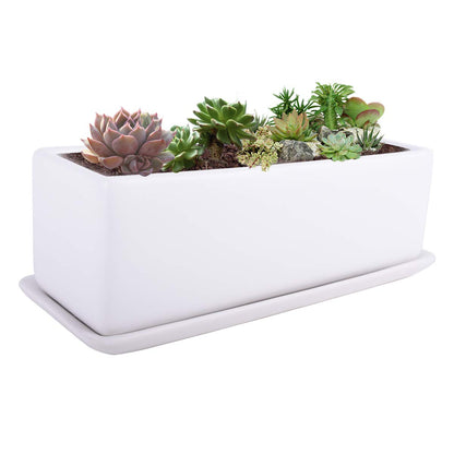 Vencer 12 Inch Rectangular Modern Minimalist Ceramic Succulent Planter Pot - Window Box with Saucer,Office Desktop Potted Stand,White,VF-0135