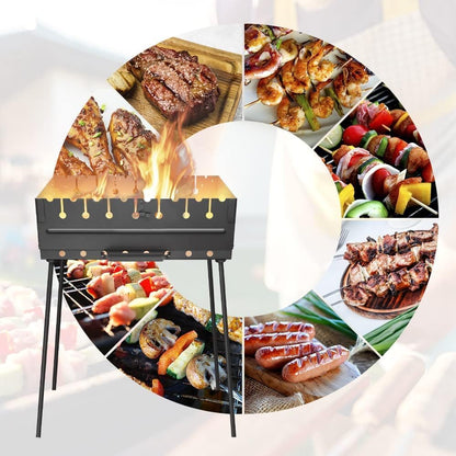 MHH Charcoal Grill for 8 Skewers - Portable Barbecue 16.9""×11.8""×16.9"" Kabob Camp Grills - Foldable Metal Mangal - Kebab Shish - BBQ for EDC Picnic Outdoor Cooking (Skewers Not Included)