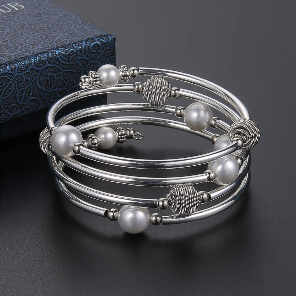 Beaded Chakra Bangle Turquoise Bracelet - Fashion Jewelry Wrap Bracelet with Thick Silver Metal and Mala Beads, Birthday Gifts For Women(63-White Shell Pearl)