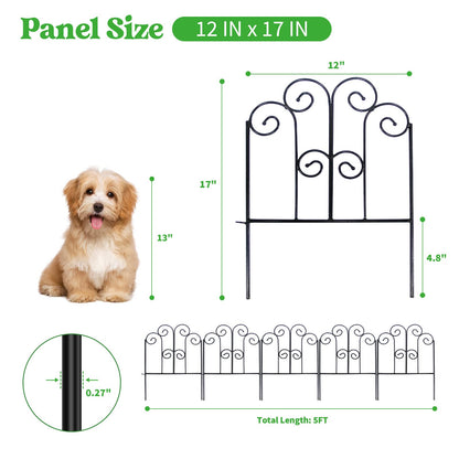 SCENDOR Decorative Iron Garden Fence 12" W x 17" H, Pack of 5 Panels Rust-Resistant Metal Fence Panels for Flower Beds, Vegetable Gardens, and Landscaping - Dog, Cat, Rabbit Designs Available