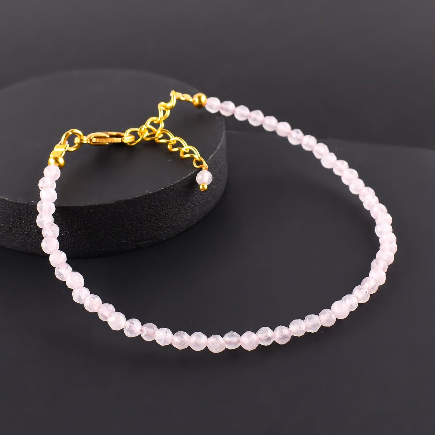 Natural Pink Rose Quartz Gemstone Micro Beads Dainty Bracelet Jewelry for Women, Birthstone, Chakra Energy Crystals, 14k Gold Plated Chain 8 inch Adjustable
