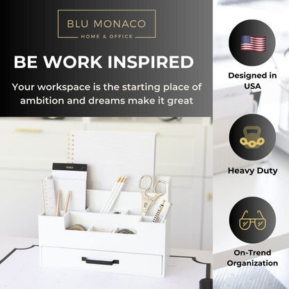 BLU MONACO White Wooden Desk Organizer With Drawer | Desktop Storage With Drawers | Multi-Compartment Desk Caddy for Home Office | 5.7”D x 12.9”W x 9”H Tabletop Accessory Holder