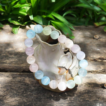 10mm Macaron Selenite Bracelet - Multi-Color Natural Crown Chakra Crystal | Handmade Sweet Color Meditation Bracelet with Cat-Eye Effect | Beading Tool Kit - Adjust to 6.5-7.5 inches Wrist Size