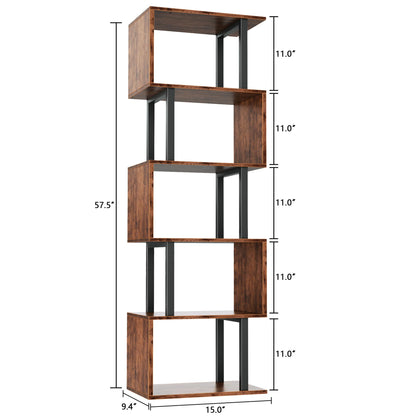 Furologee 6 Tier Bookshelf, Tall S Shaped Geometric Bookcase, Modern Display Shelf Standing Unit, Wood Metal Decorative Divider Rack for Living Room Bedroom Office, Rustic Brown