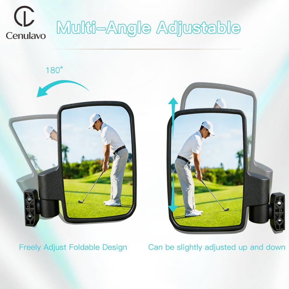 Cenulavo Golf Cart Mirrors, No Drilling Side Rear View Mirrors for Club Car EZGO Yamaha, Clamp On Foldable Wide Angle Anti-Vibration, Fits 0.75" 1" 1.25" Square Tube
