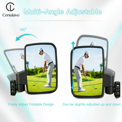 Cenulavo Golf Cart Mirrors, No Drilling Side Rear View Mirrors for Club Car EZGO Yamaha, Clamp On Foldable Wide Angle Anti-Vibration, Fits 0.75" 1" 1.25" Square Tube