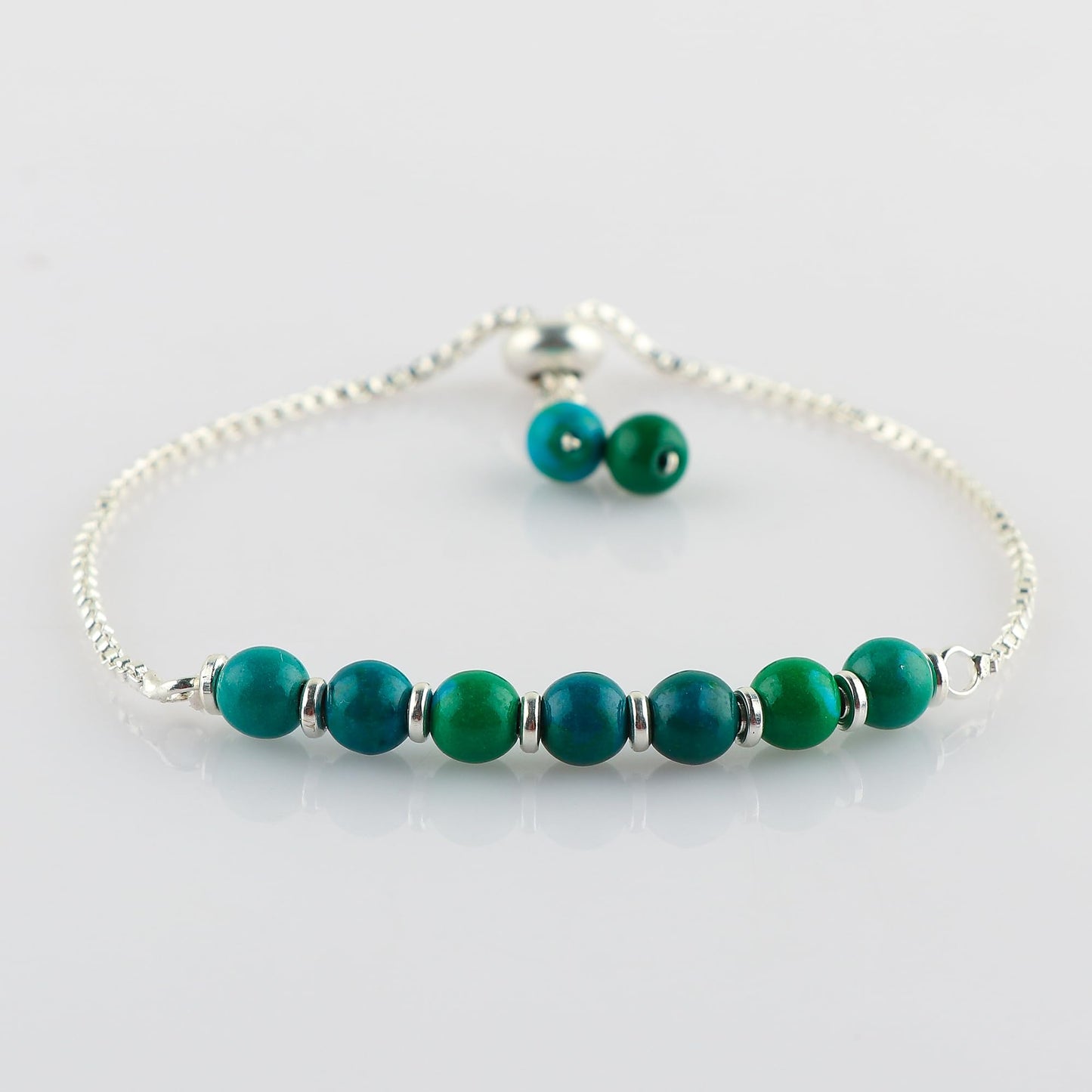 TGH Handmade Natural Chrysocolla Gemstone Round Beads Bolo Bracelet – Chakra Healing Crystals – Silver Plated Adjustable Slider – Gift for Women Birthday Christmas Gifts
