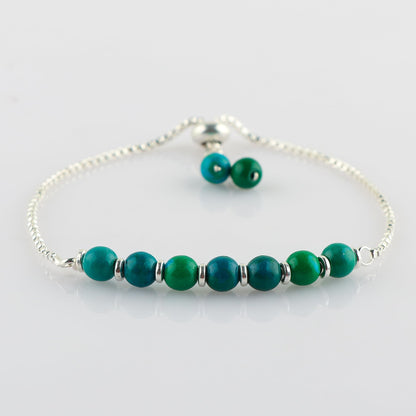TGH Handmade Natural Chrysocolla Gemstone Round Beads Bolo Bracelet – Chakra Healing Crystals – Silver Plated Adjustable Slider – Gift for Women Birthday Christmas Gifts