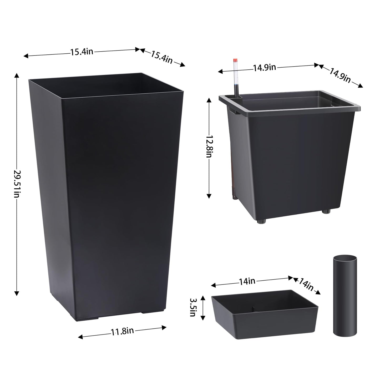 Garvee 30" Tall Planters Set of 2, Outdoor＆Indoor Black Planter Pots, High Front Porch Planter Pots with Drainage Holes＆Water Level Monitor＆Inner Bucket,Black