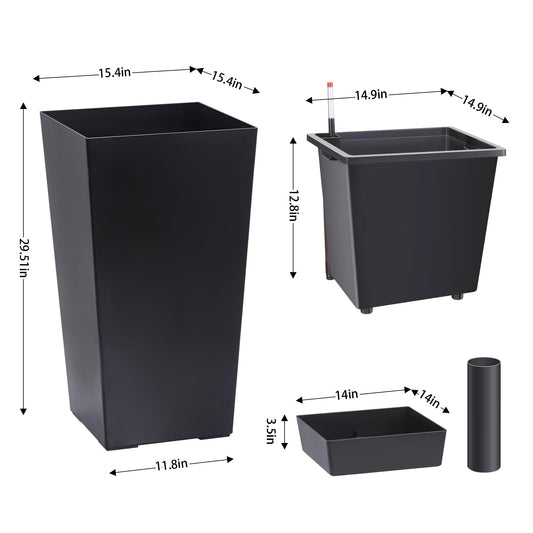 Garvee 30" Tall Planters Set of 2, Outdoor＆Indoor Black Planter Pots, High Front Porch Planter Pots with Drainage Holes＆Water Level Monitor＆Inner Bucket,Black