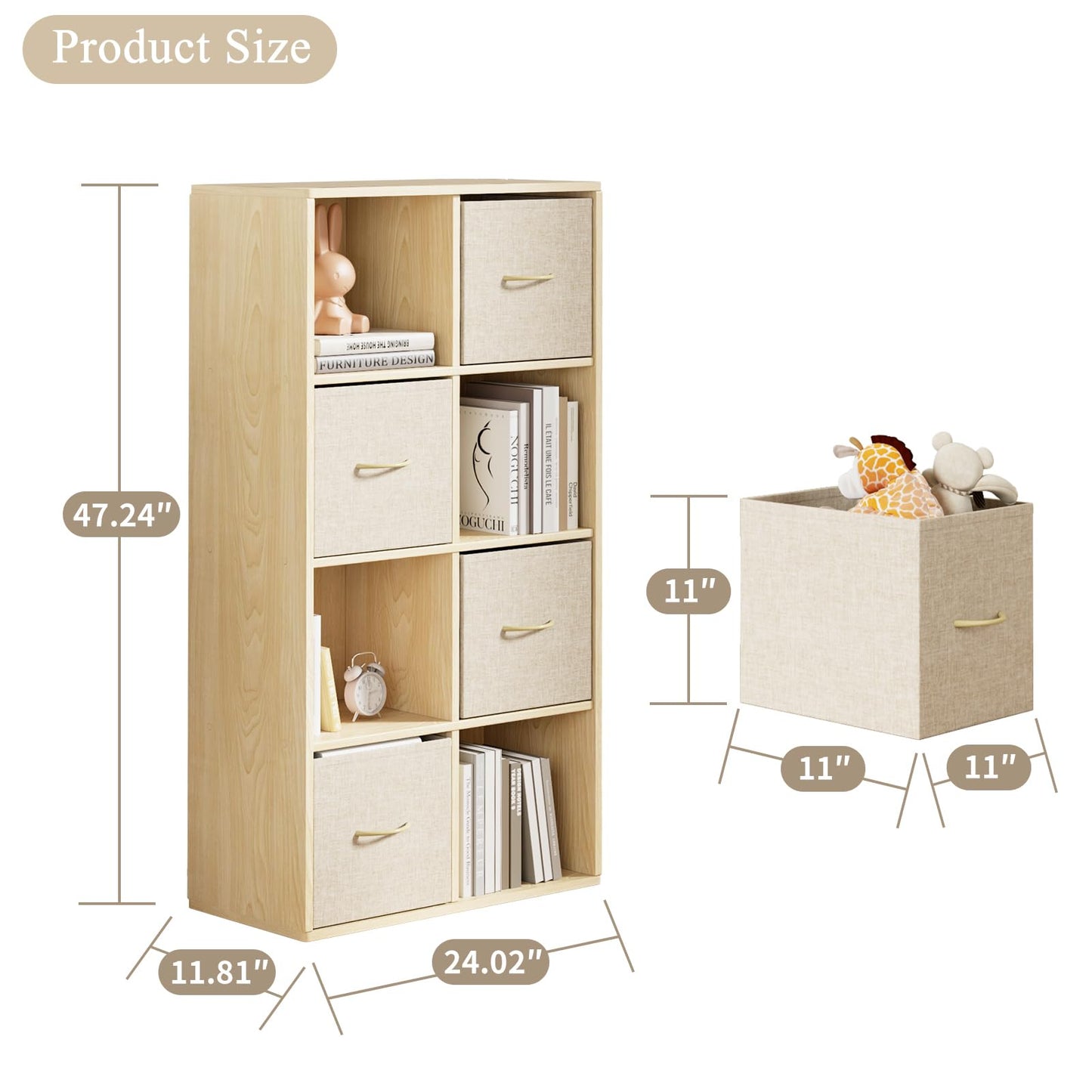 8 Cube Storage Organizer - Solid Wood Bookshelf with 4 Storage Bins, Cube Shelf with 2 Removable Back Panels, Vertical or Horizontal Bookcase, Open Book Shelf for Bedroom, Living Room, Office