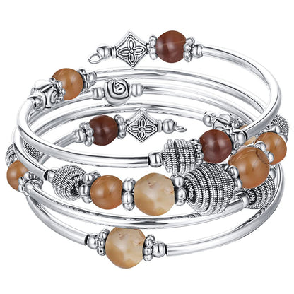 PEARL&CLUB Beaded Chakra Bangle Turquoise Bracelet - Fashion Jewelry Wrap Bracelet with Thick Silver Metal and Mala Beads, Birthday Gifts For Women(Brown)