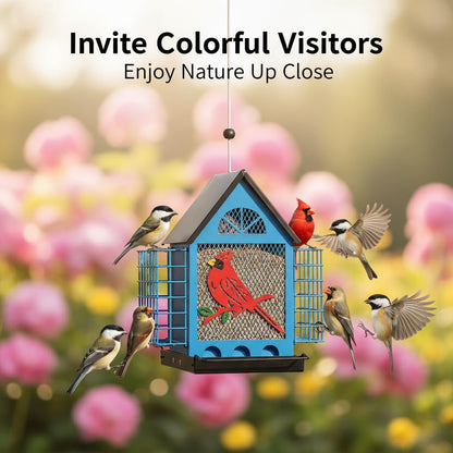 Blue House Metal Bird Feeder - 20" Hanging Wild Bird Feeder with Decorative Accents, Large Capacity Outdoor Birdfeeder for Cardinals and Songbirds, Perfect Garden Gift