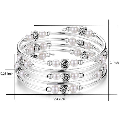 BULINLIN Wrap Bangle Rose Bead Bracelet - Beaded Bracelet with Natural Agate Stone Gifts For Women(01-White pearl)