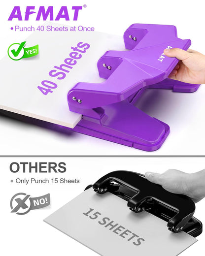 AFMAT 3 Hole Punch Heavy Duty, 40-Sheet Three Hole Punch, 50% Reduced Effort, 3 Hole Puncher for Binder w/Large Chip Tray, 9/32" Holes Diameter, Metal Paper Puncher for Home/Office/School,HP14(Purple)