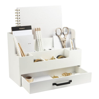 BLU MONACO White Wooden Desk Organizer With Drawer | Desktop Storage With Drawers | Multi-Compartment Desk Caddy for Home Office | 5.7”D x 12.9”W x 9”H Tabletop Accessory Holder