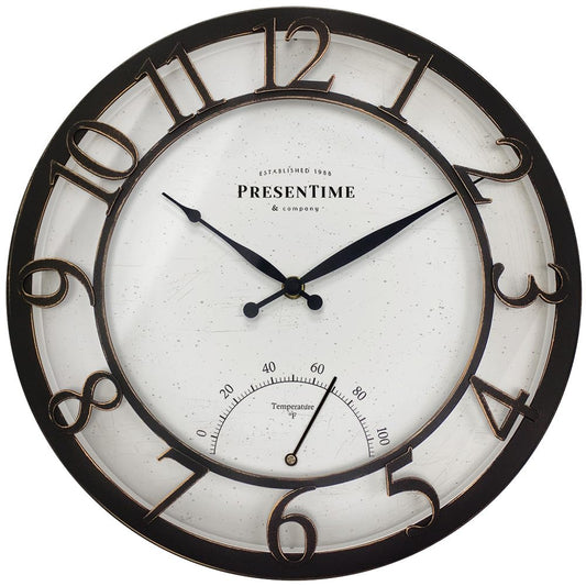 Presentime & Co 13" Farmhouse Outdoor Wall Clock w/Outdoor Thermometer, Cottage Style, Raised 3D Arabic Numerals, Oil Rubbed Bronze Finish (Wall Clock for Patio, Cottage, Poolside, Garden Spaces)