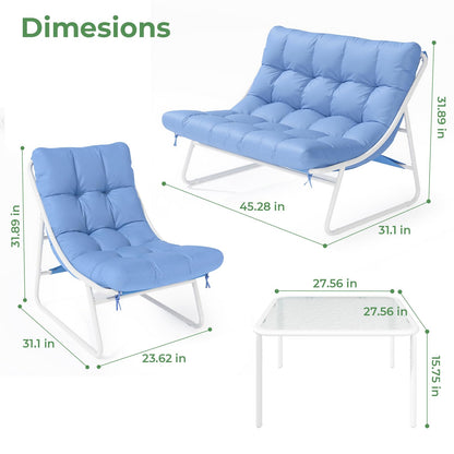 Jocoevol Patio Furniture Set, 4-Piece Outdoor Patio Conversation Set, 2-in-1 Metal Patio Sofa Sets with Cushions & Glass Coffee Tablefor Backyard, Garden, Porch, Poolside, White & Blue