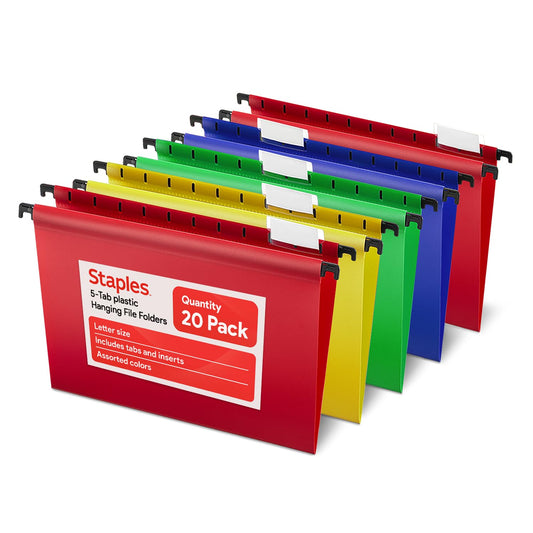 Staples Hanging File Folders, Letter Size, Assorted Colors, Water‑Resistant, 5‑Tab, Includes Tabs & Inserts – 20/Pack
