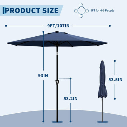 GarveeLife 9FT Umbrella Outdoor Patio, Table Umbrella with Push Button Tilt and Crank, 8 Sturdy Ribs Waterproof UV Protection for Garden, Pool, Deck, Backyard, Market (Navy)