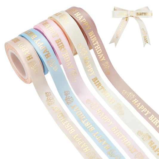 PH PandaHall 50 Yards Happy Birthday Ribbon 5 Colors 0.8 inch Gift Wrapping Ribbon Birthday Cake Ribbon Polyester Printed Ribbons for Party Festival Art Craft Flowers Bouquet Decor Bow Making