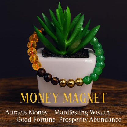 PRECIOUS PEBBLE Wealth & Confidence Bracelet for Men & Women, Natural Pyrite, Green Aventurine, Hematite & Citrine Beads – 8mm Adjustable Stone Bracelets for Focus, Style, Clarity & Everyday Wear