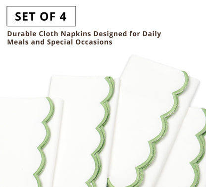 PurpleEssences Scalloped Embroidery Cloth Napkins - Spring Easter Summer - Table Decor - 100% Cotton - Set of 4-18x18 inch - White - Edges - Sage Green