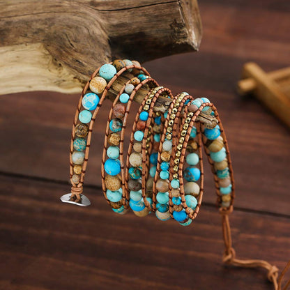 Plumiss 4mm 6mm 8mm Turquoise Jasper Hematite Bead Mixed 5 Wraps Stackable Bracelet Jewelry