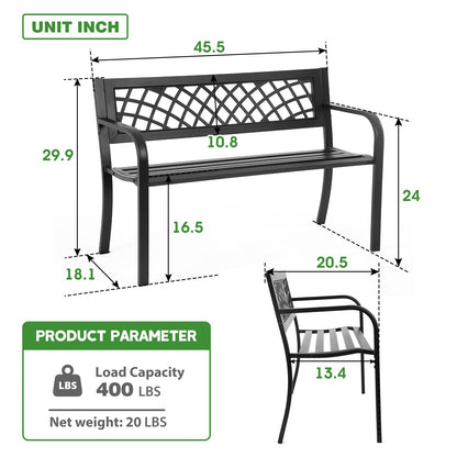 FDW Garden Bench Bench Park Outdoor Bench for Patio Metal Bench Park Bench with Plastic Backrest Armrests Sturdy Steel Frame Furniture for Yard Porch Work Entryway, Black